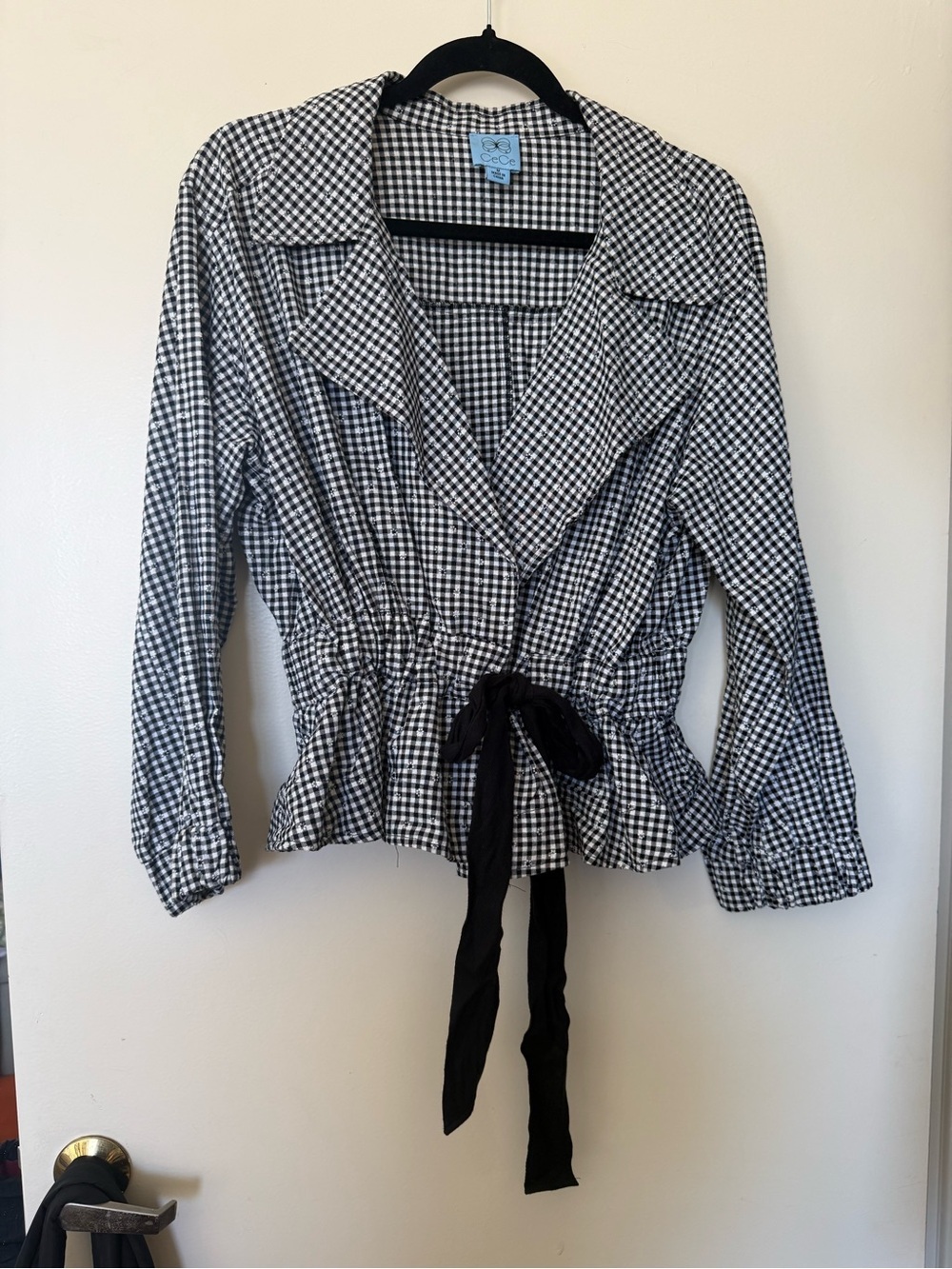 CeCe French Cafe Black & White Gingham Tie-Waist Peplum Jacket in Medium